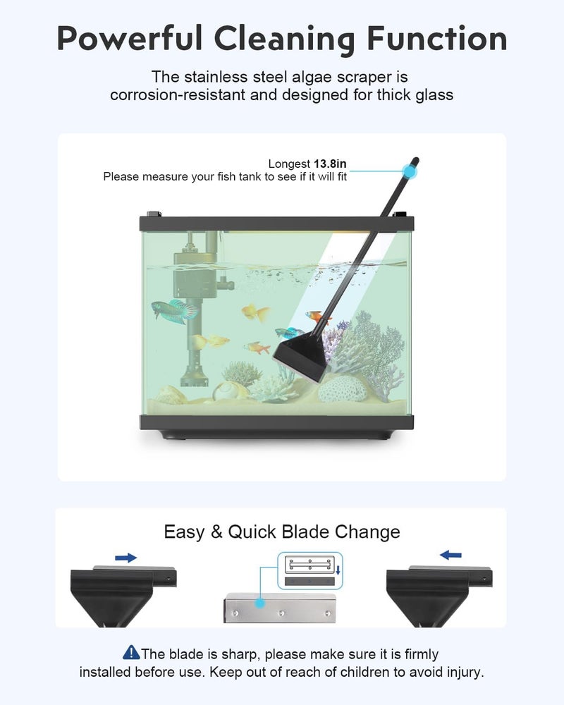 URUQ Fish Tank Cleaning Kit: Algae Scraper for Aquariums Glass Scrubber Cleaner Tools with Handle - 7 in 1 Betta Fish Tanks Cleaning Accessories Set Including Fishing Net Sponge Brush Pump Brush - Image 3
